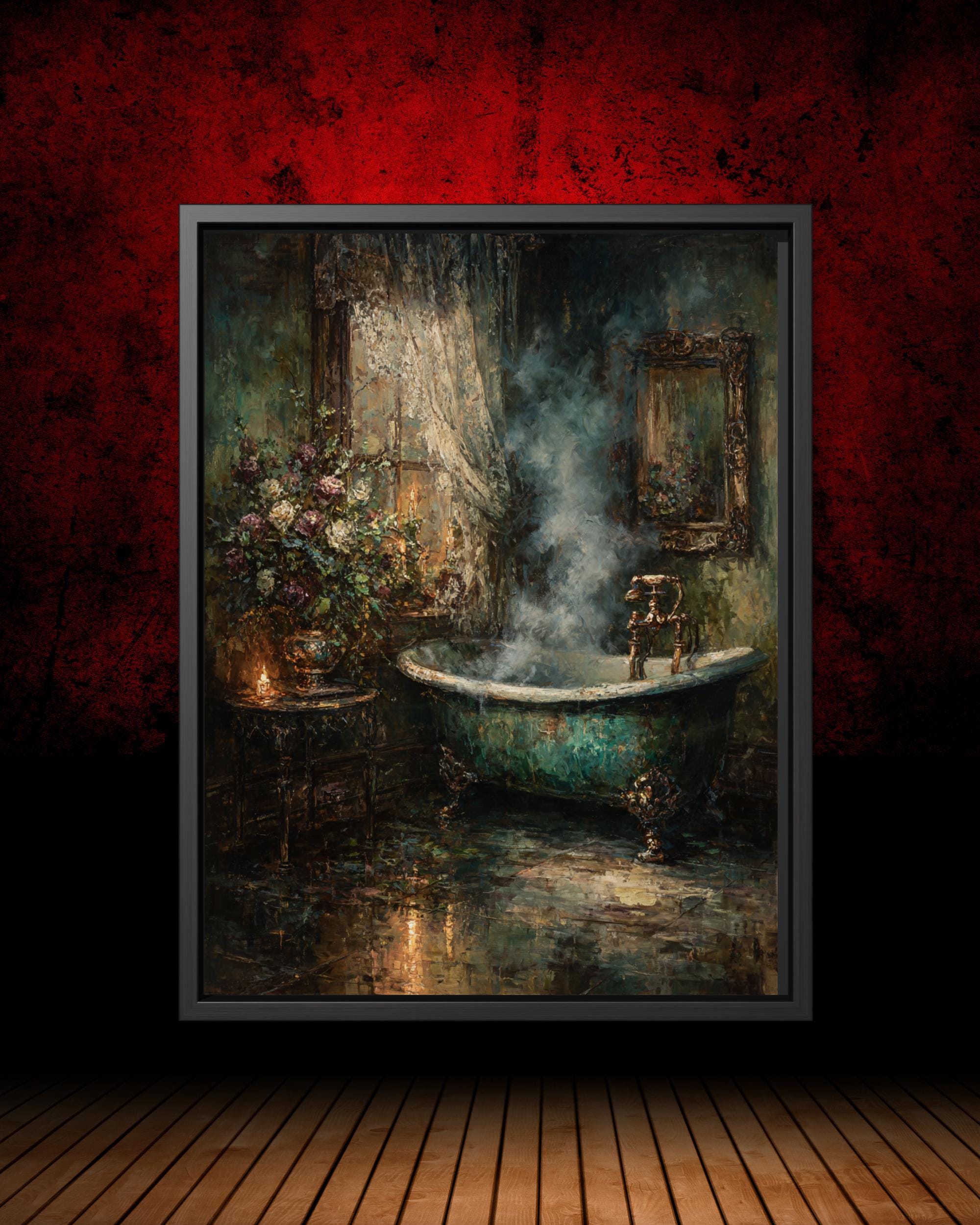 Clawfoot Tub Art Print, Dark Romantic Bathroom Candle Scene, Baroque Style