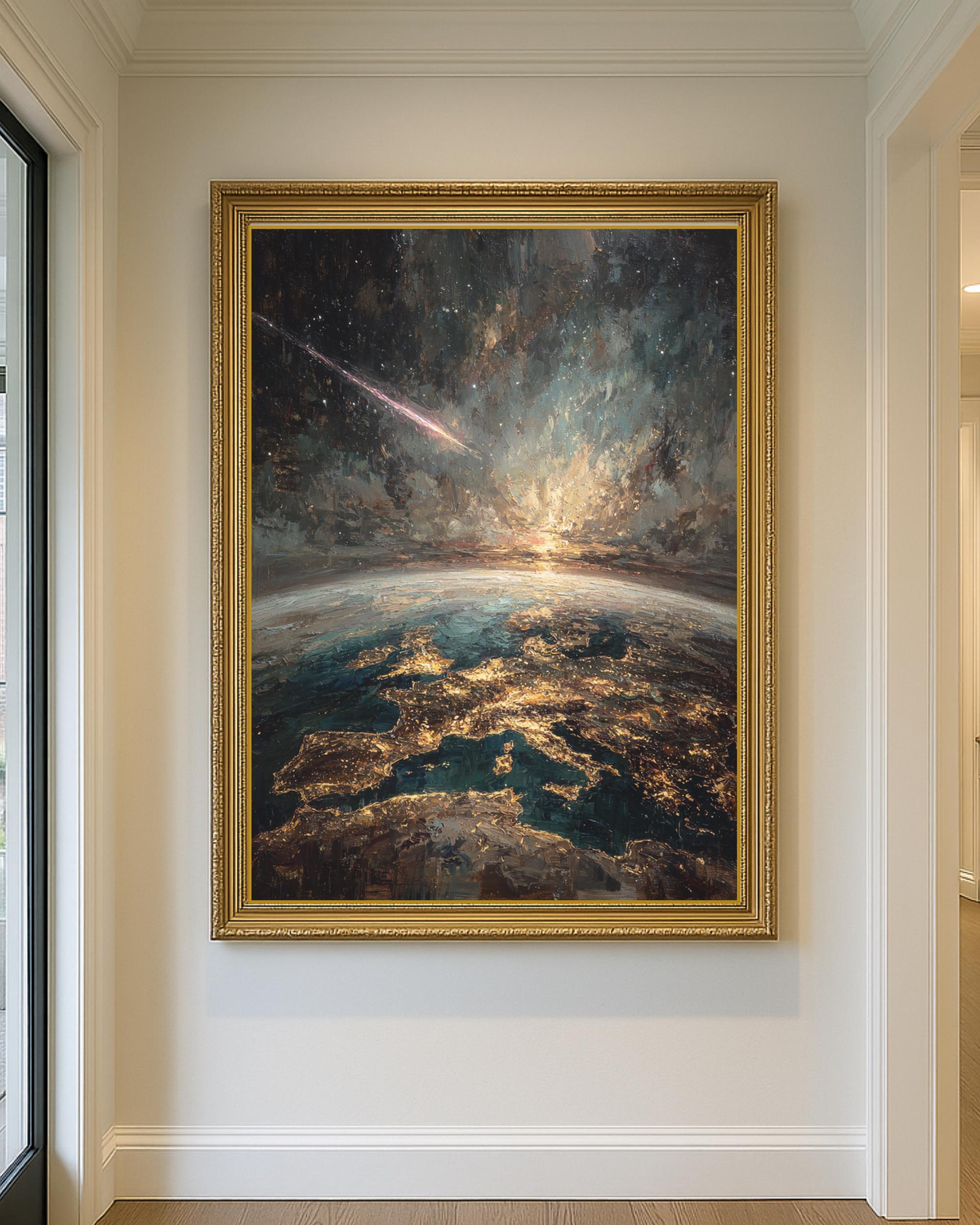 Earth From Space Oil Painting Print, Meteor Shooting Star Dark Night, Moody Wall Art Secondary image