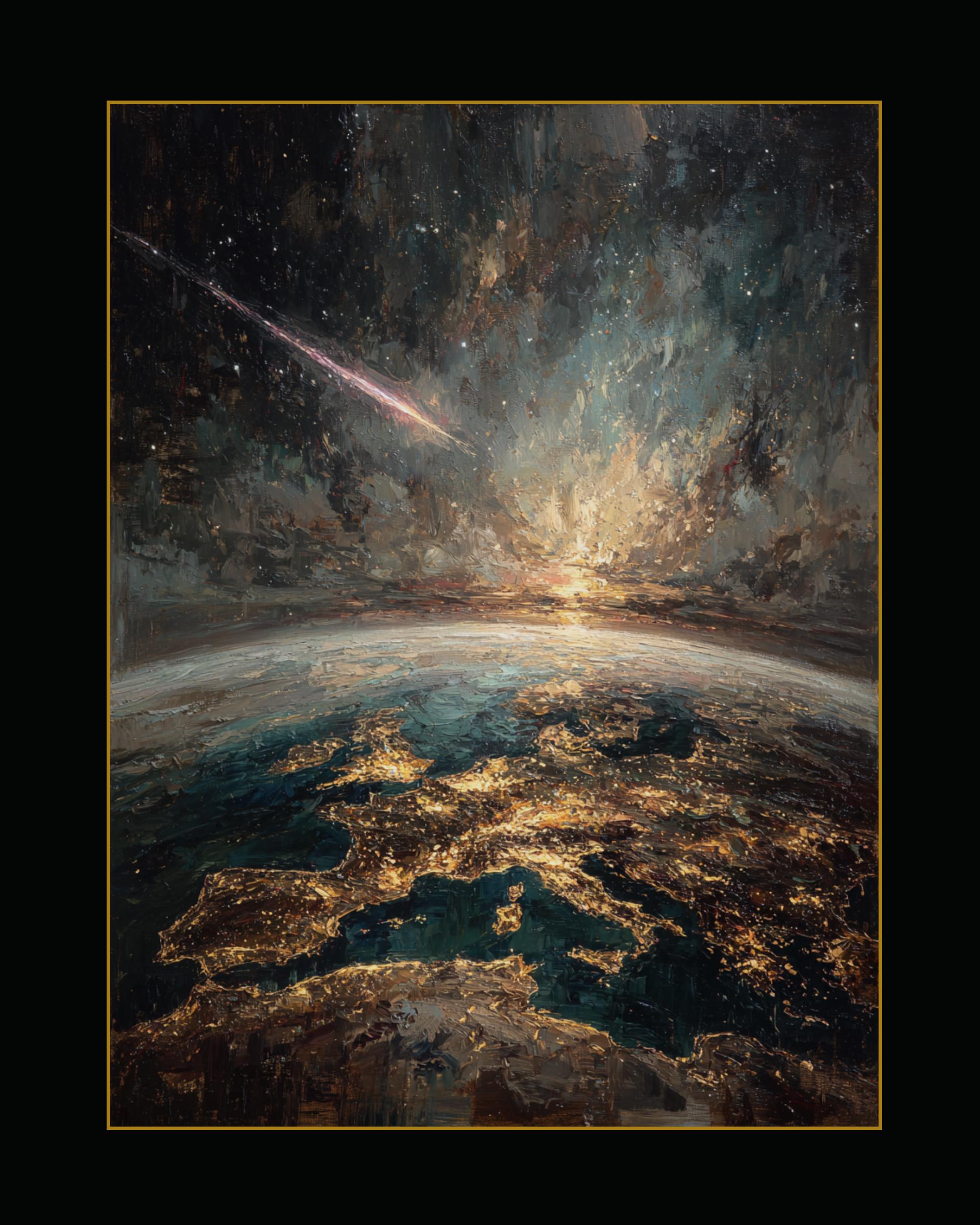 Earth From Space Oil Painting Print, Meteor Shooting Star Dark Night, Moody Wall Art