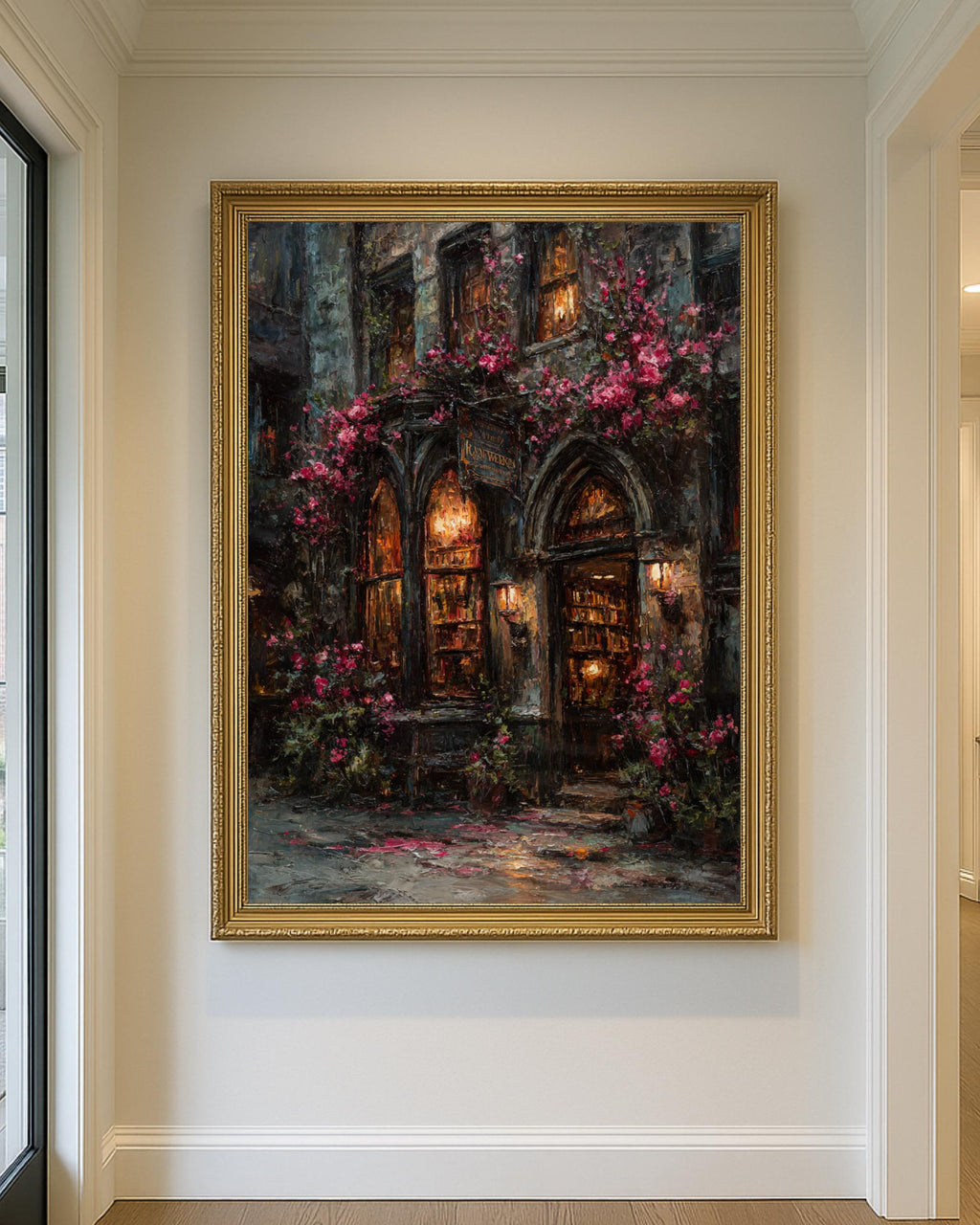 Gothic Bookstore Storefront Oil Painting Print, Dark Academia Library Old Buildings Wall Art