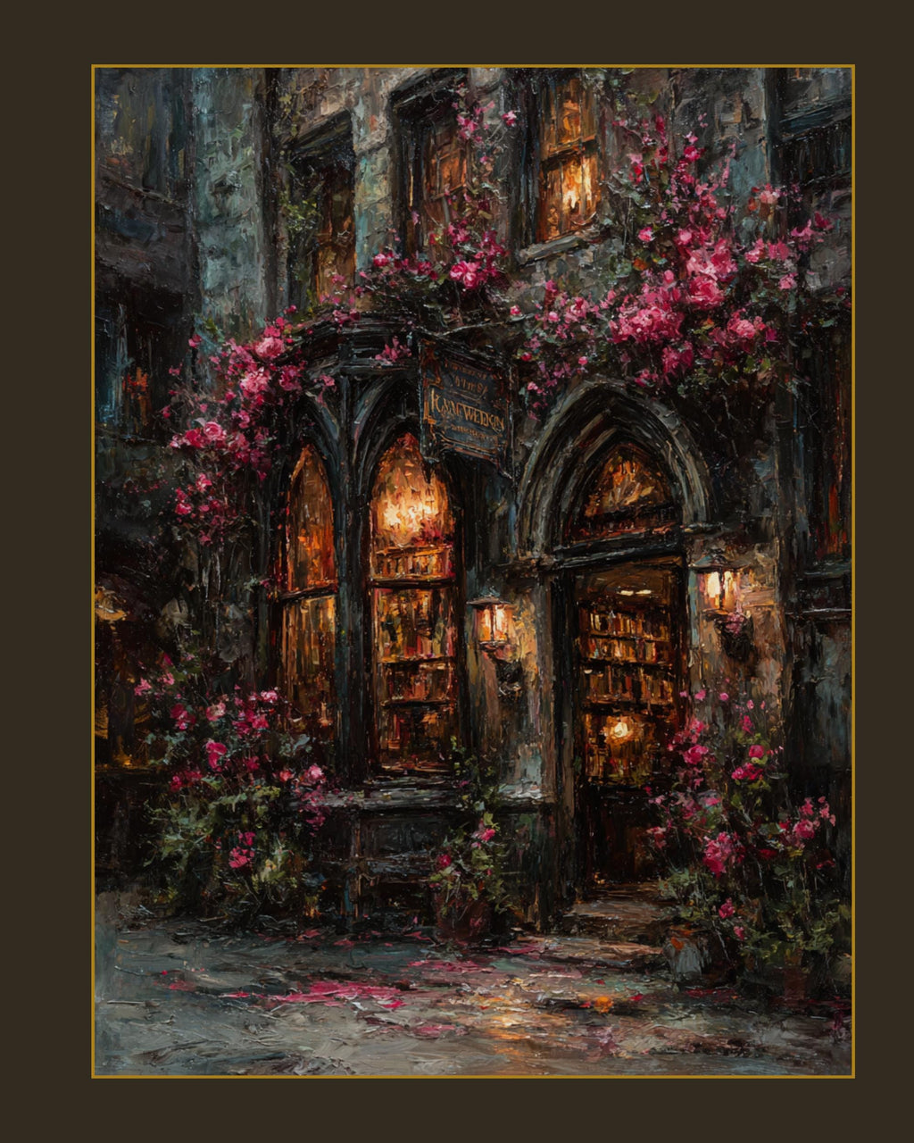 Gothic Bookstore Storefront Oil Painting Print, Dark Academia Library Old Buildings Wall Art