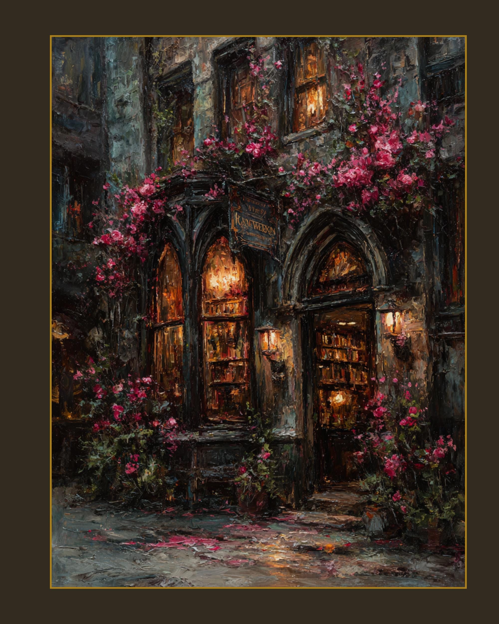 Gothic Bookstore Storefront Oil Painting Print, Dark Academia Library Old Buildings Wall Art