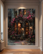 Gothic Bookstore Storefront Oil Painting Print, Dark Academia Library Old Buildings Wall Art
