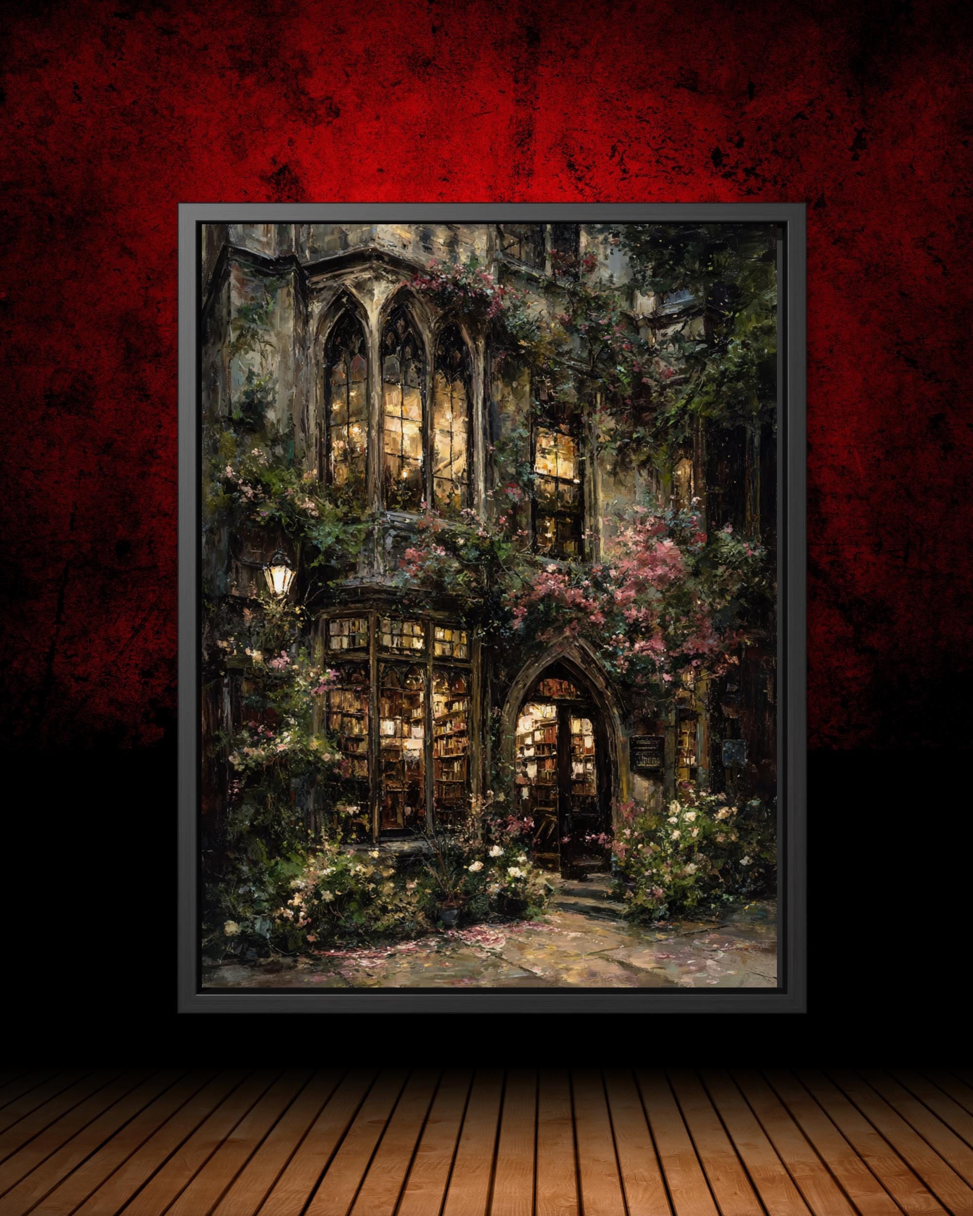 Pink Roses Vintage Bookstore Shopfront, Dark Moody Oil Painting Style Print Main image