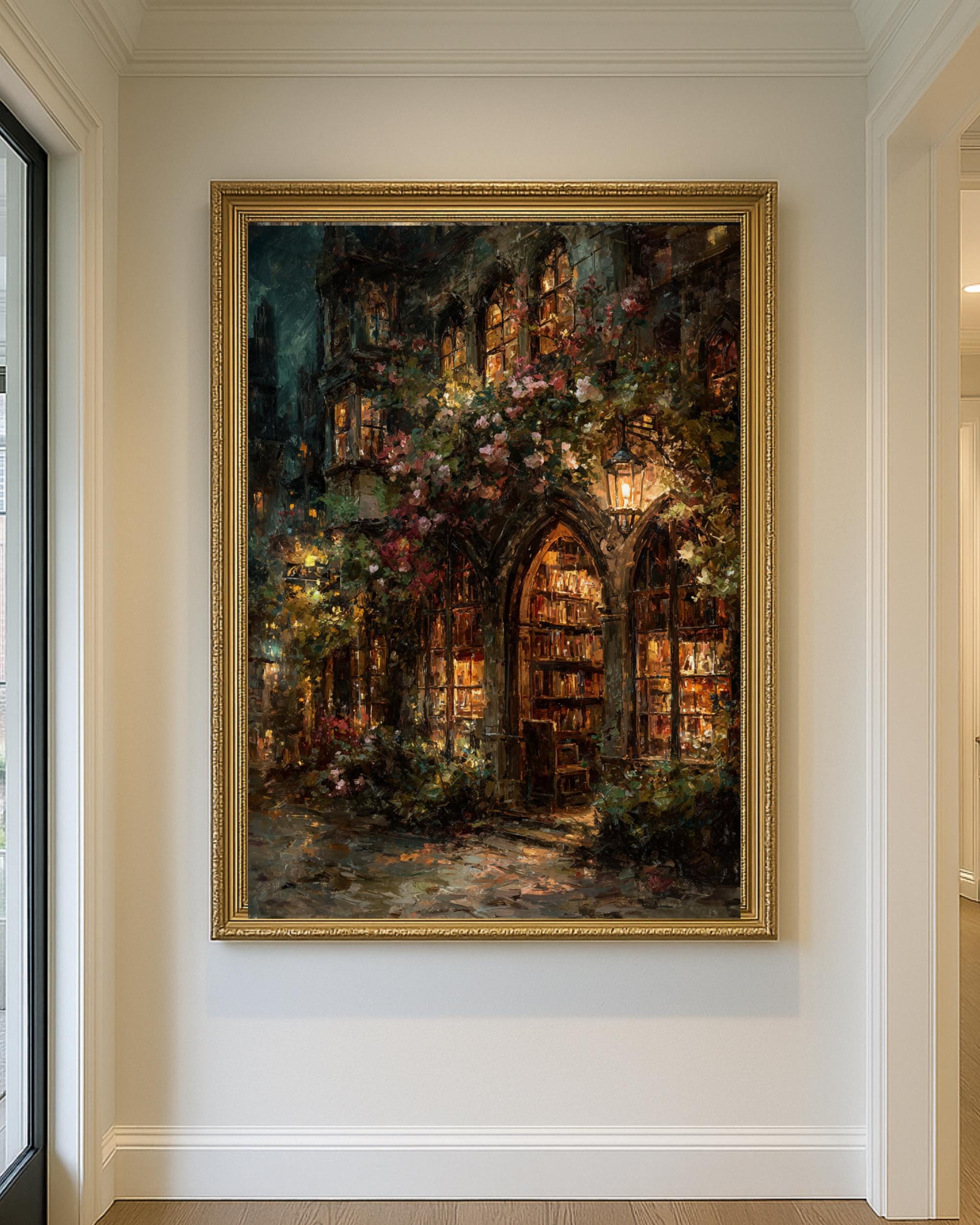 Gothic Bookstore Oil Painting Print, Dark Academia Lanterns and Roses Library Wall Art Secondary image