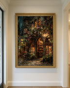 Gothic Bookstore Oil Painting Print, Dark Academia Lanterns and Roses Library Wall Art