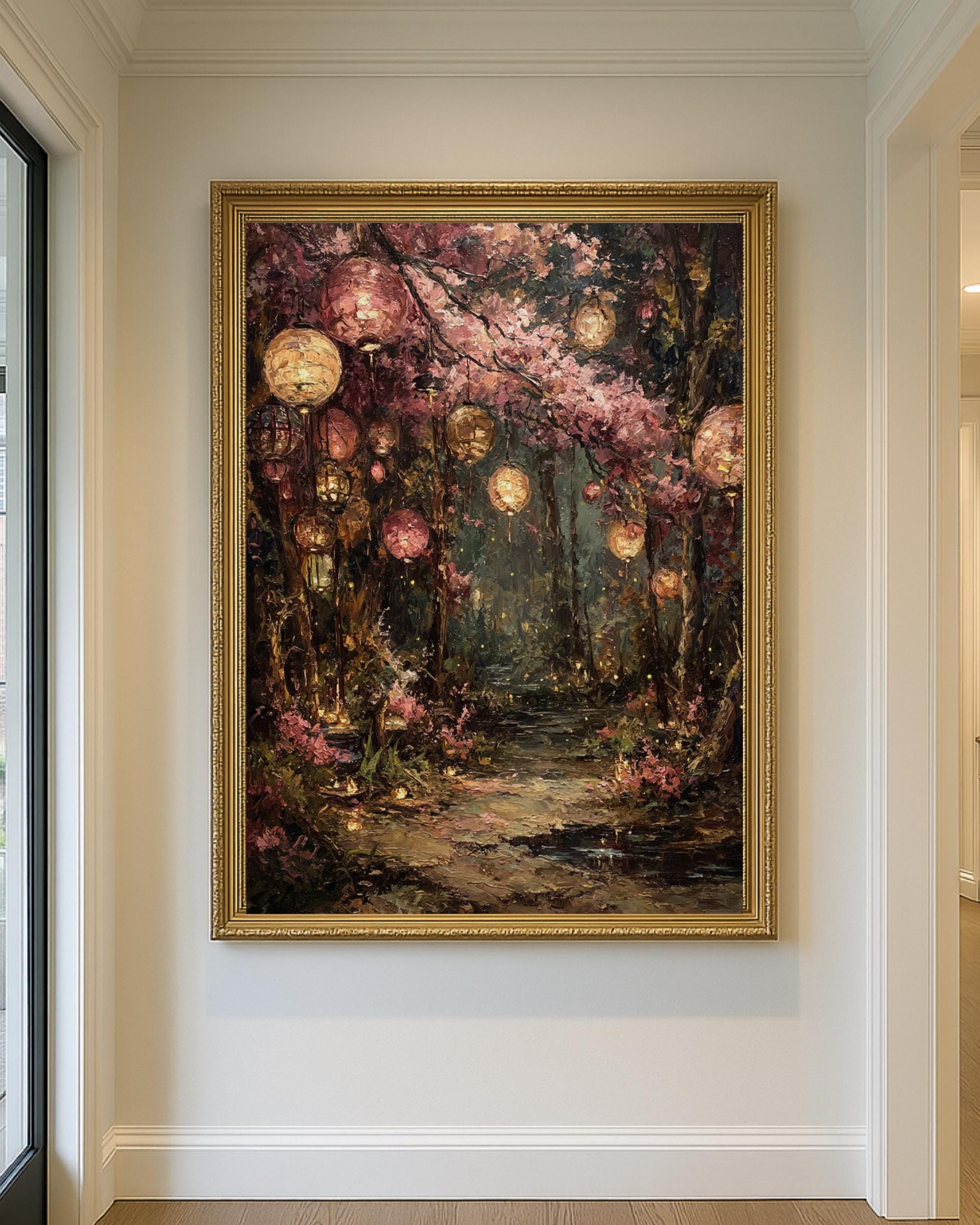 Pink Cherry Blossom Path in Forest with Paper Lanterns, Sakura Trees with Fireflies