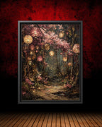 Pink Cherry Blossom Path in Forest with Paper Lanterns, Sakura Trees with Fireflies