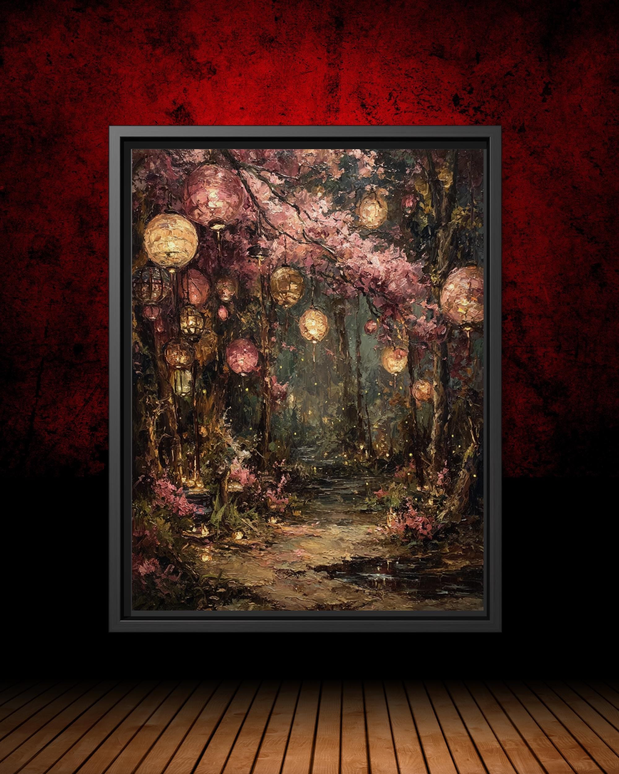Pink Cherry Blossom Path in Forest with Paper Lanterns, Sakura Trees with Fireflies