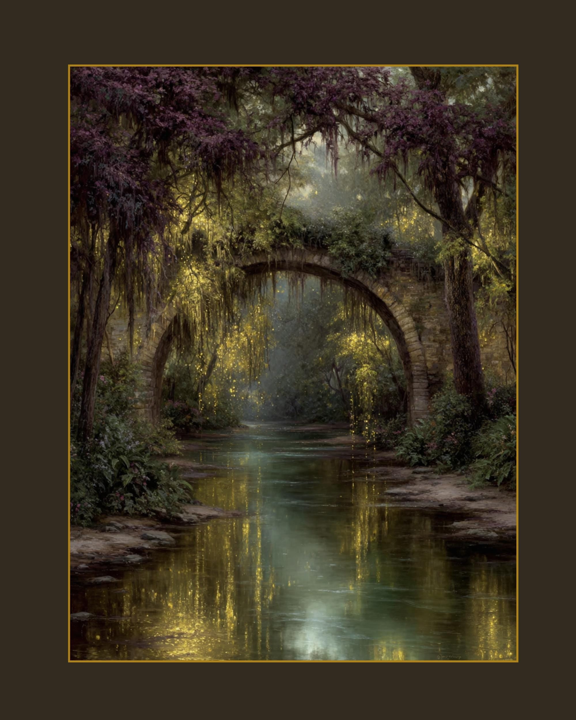Fairy Bridge River Art Print, Enchanted Woodland Illustration, Vintage Fantasy Firefly Oil Style Painting