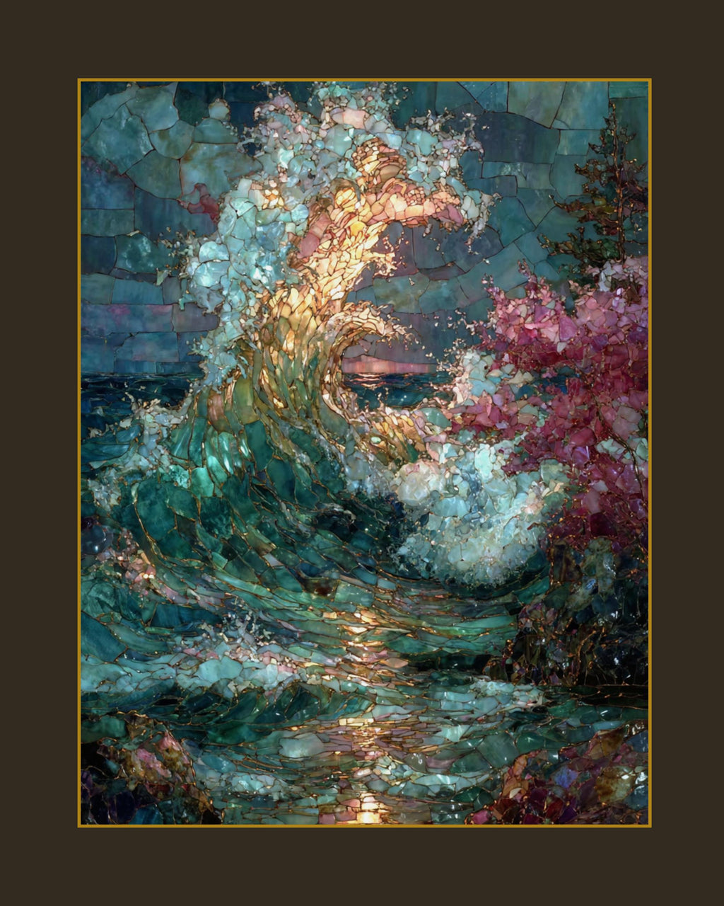 Stained Glass Effect Ocean Tree Wall Print, Wave Art Mosaic, Sea Painting