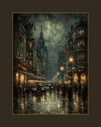 Rainy Night Cityscape Print: Moody Vintage Street Scene Wall Art