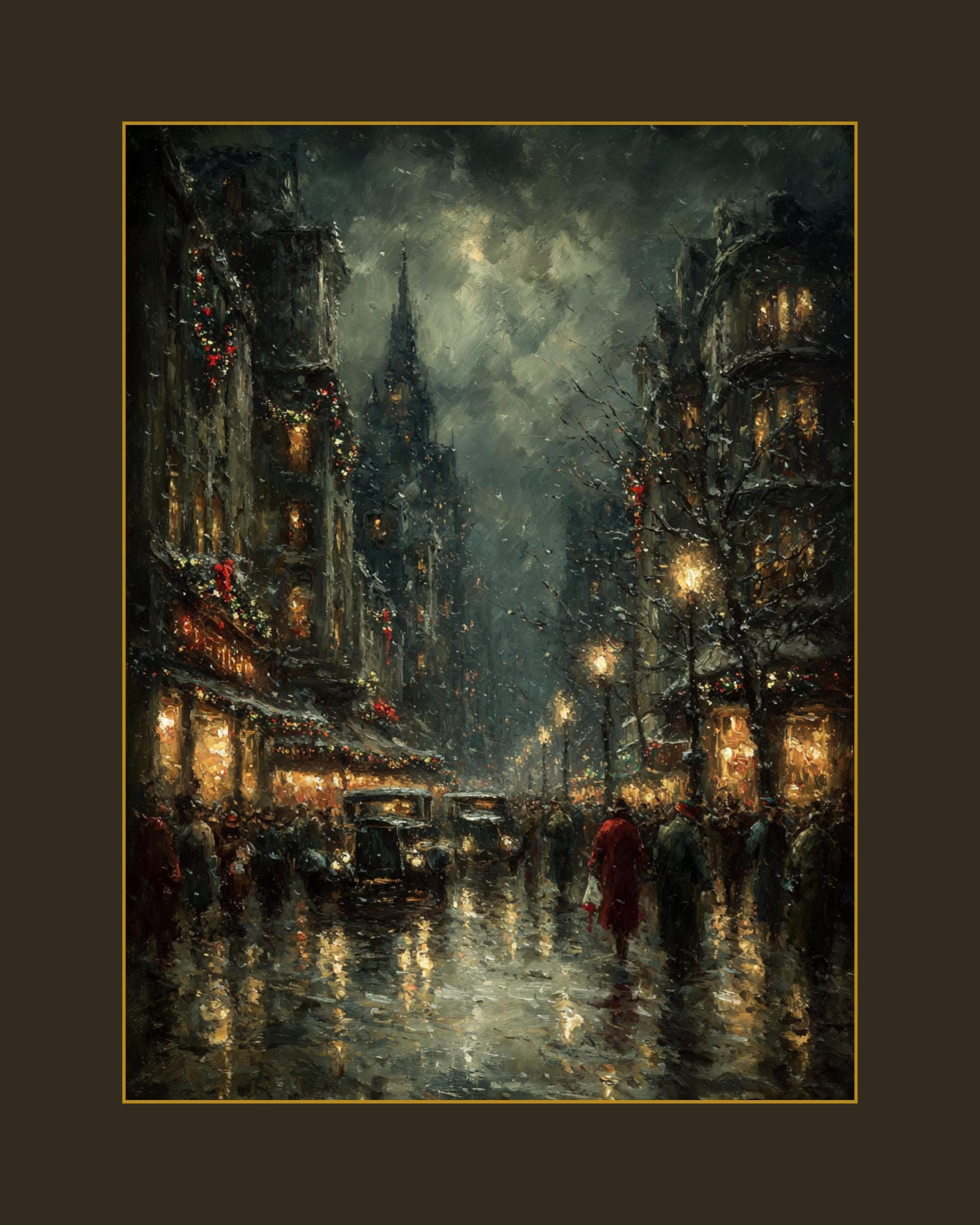 Rainy Night Cityscape Print: Moody Vintage Street Scene Wall Art