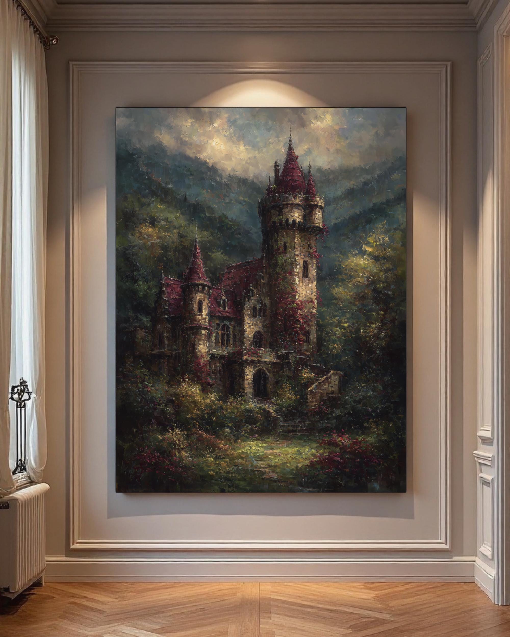 Gothic Castle with Turrets Wall Art Print: Medieval Fortress European Scenery Painting