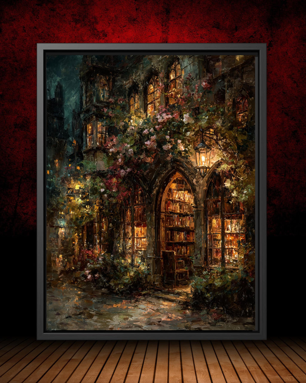 Gothic Bookstore Oil Painting Print, Dark Academia Lanterns and Roses Library Wall Art