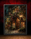 Gothic Bookstore Oil Painting Print, Dark Academia Lanterns and Roses Library Wall Art
