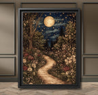 Celestial William Morris Inspired Woodland Print Moonlit Garden Path Nature Illustration