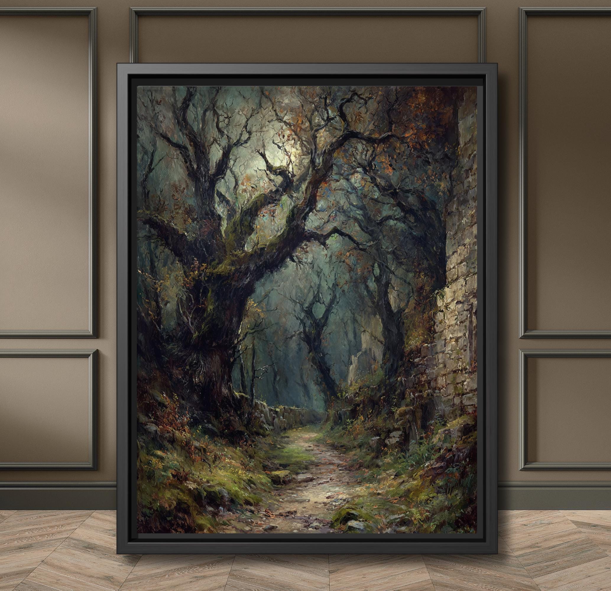 Gothic Forest Moonlit Path Print, Dark Moody Nature Wall Art Painting