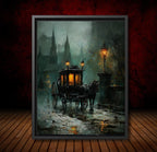 Victorian Horsedrawn Carriage Wall Art Print, Moody Dark Academia Vintage London Funeral Night Scene