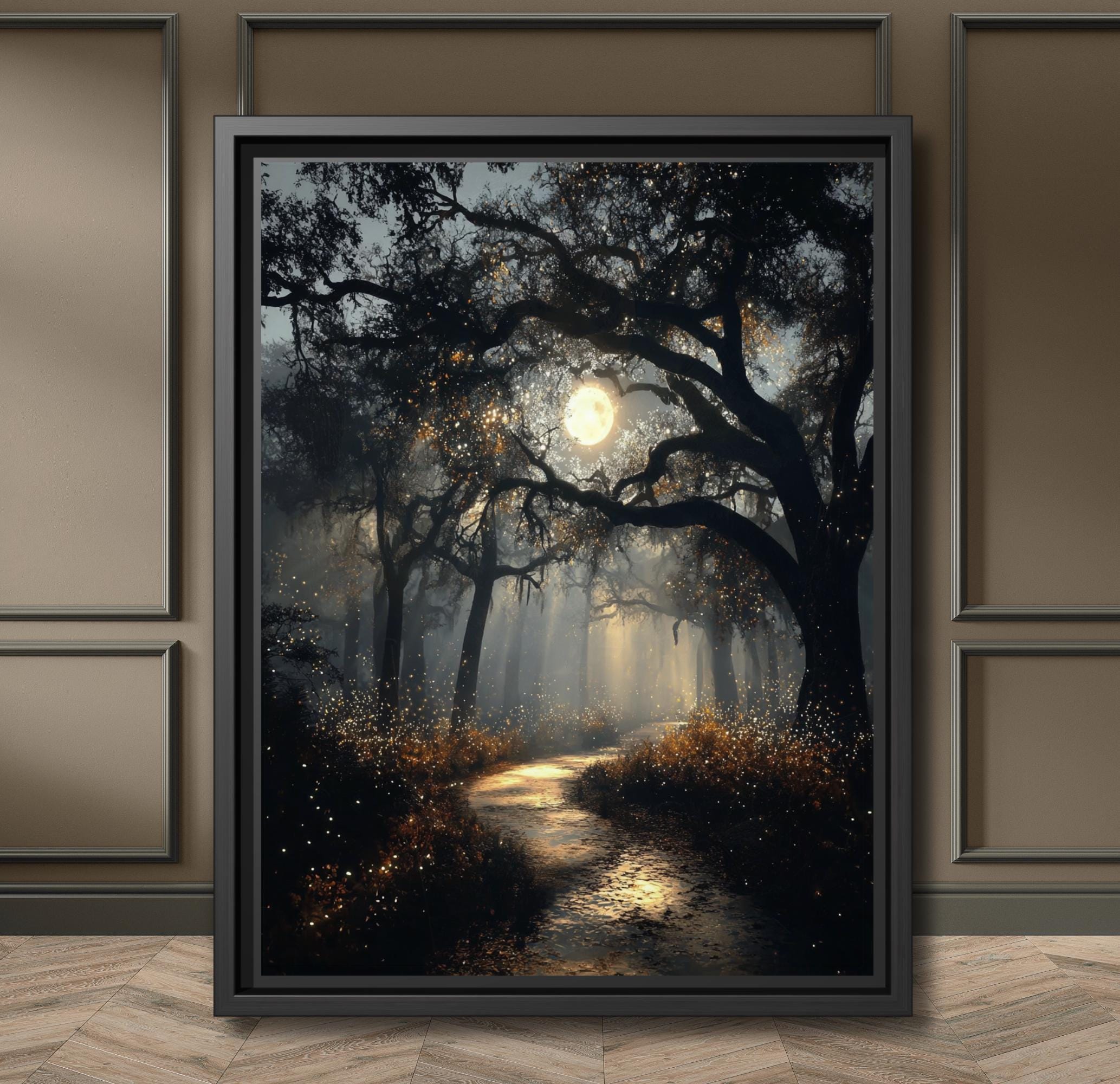 Haunted Forest Full Moon Print, Moonlit Woodland Path Wall Art, Moody Enchanted Woods Painting