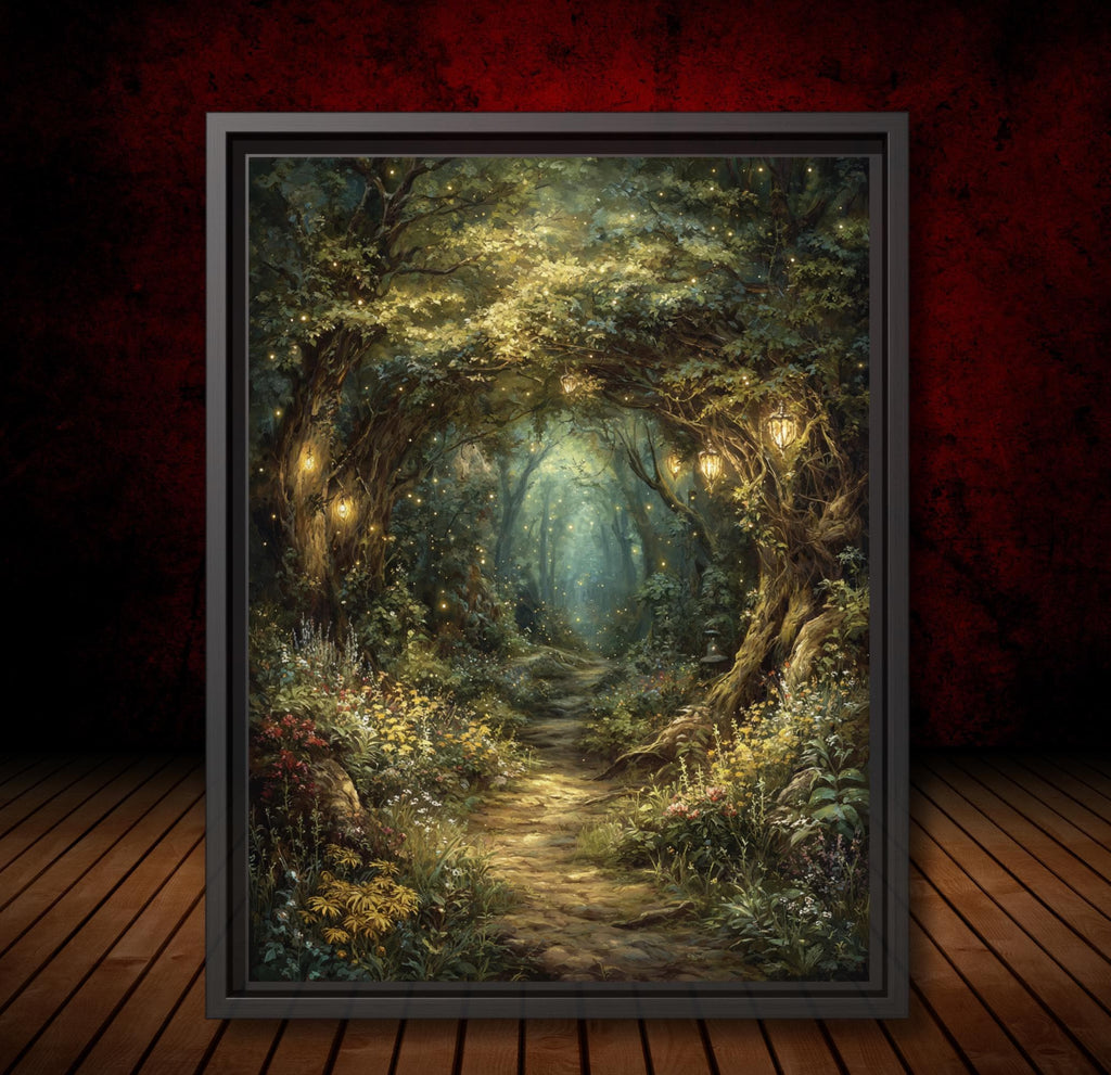 Enchanted Fairy Forest Path Art Print Magical Woodland Lantern Trail, Glowing Fireflies Fantasy Decor