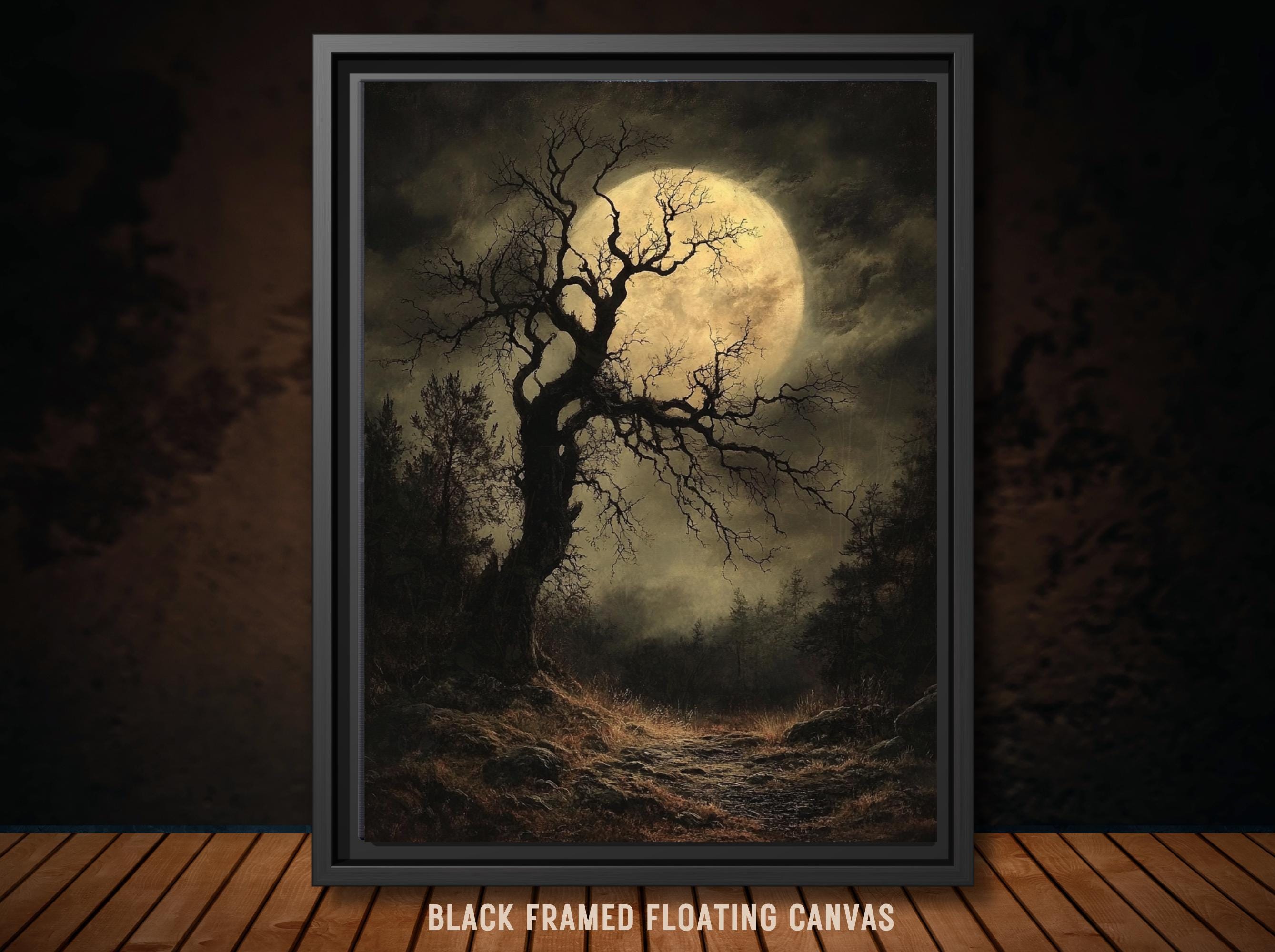 Gothic Full Moon Forest Art Print, Spooky Tree Silhouette Dark Moody Oil Painting Style Main image