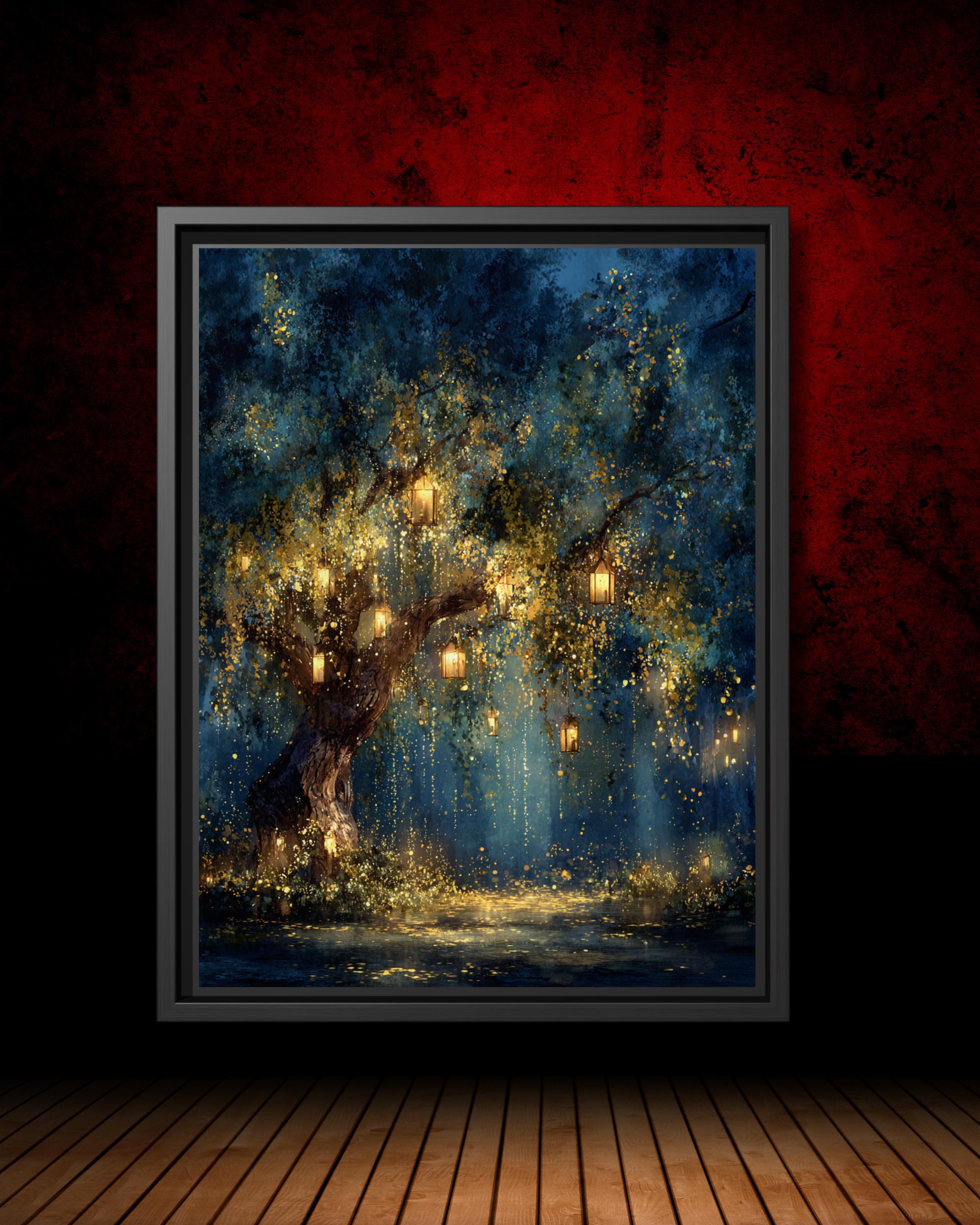 Firefly Lantern Tree Art Print Blue Sky Woodland at Night Magical Fairy Lights Painting,