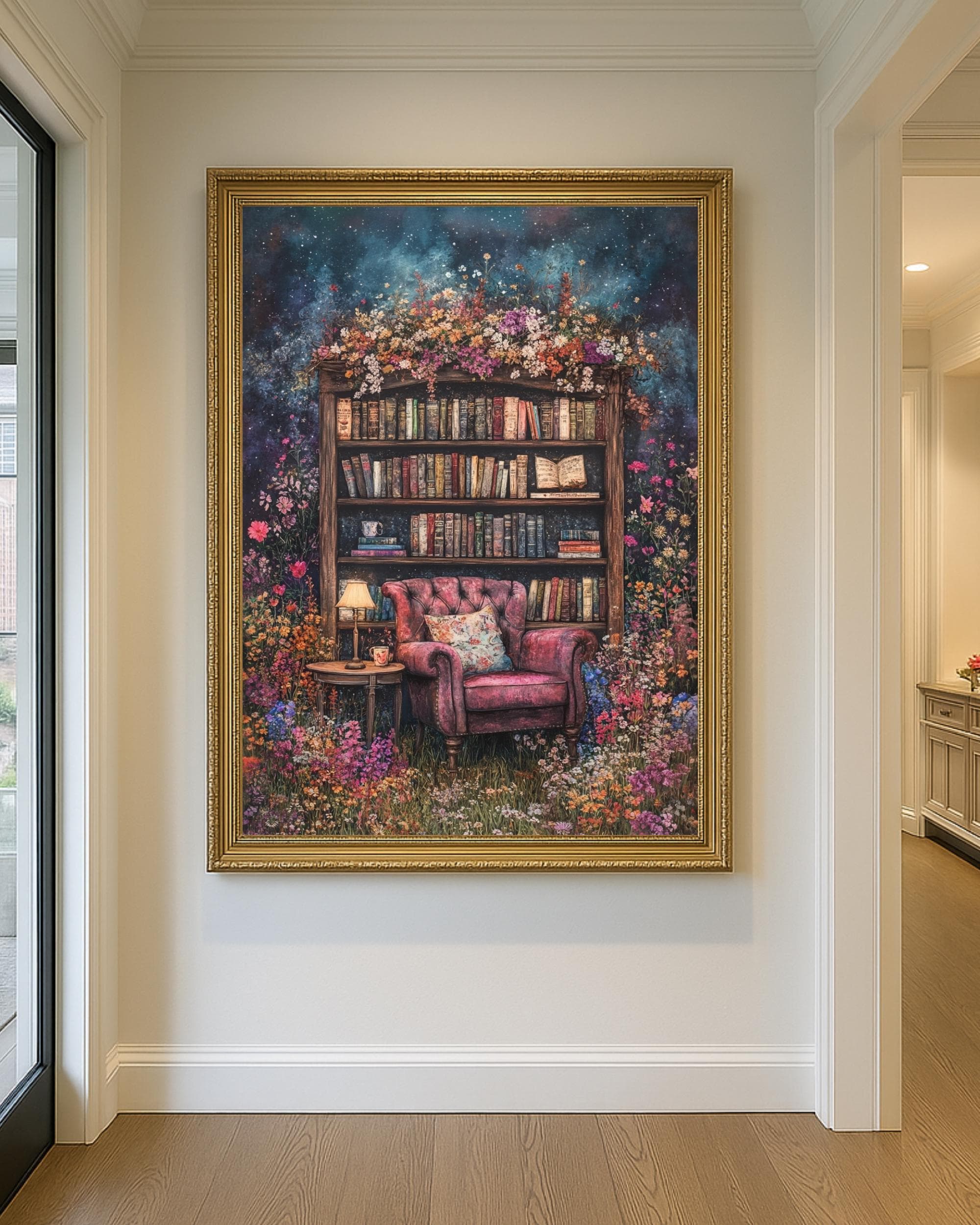 Bookcase in Garden Floral Library Art Print, Reading Nook, Cottagecore Bookworm Whimsical Oil Painting Secondary image