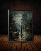 Victorian London Street Art Print, Gothic Cathedral, Rainy Cobblestone Decor