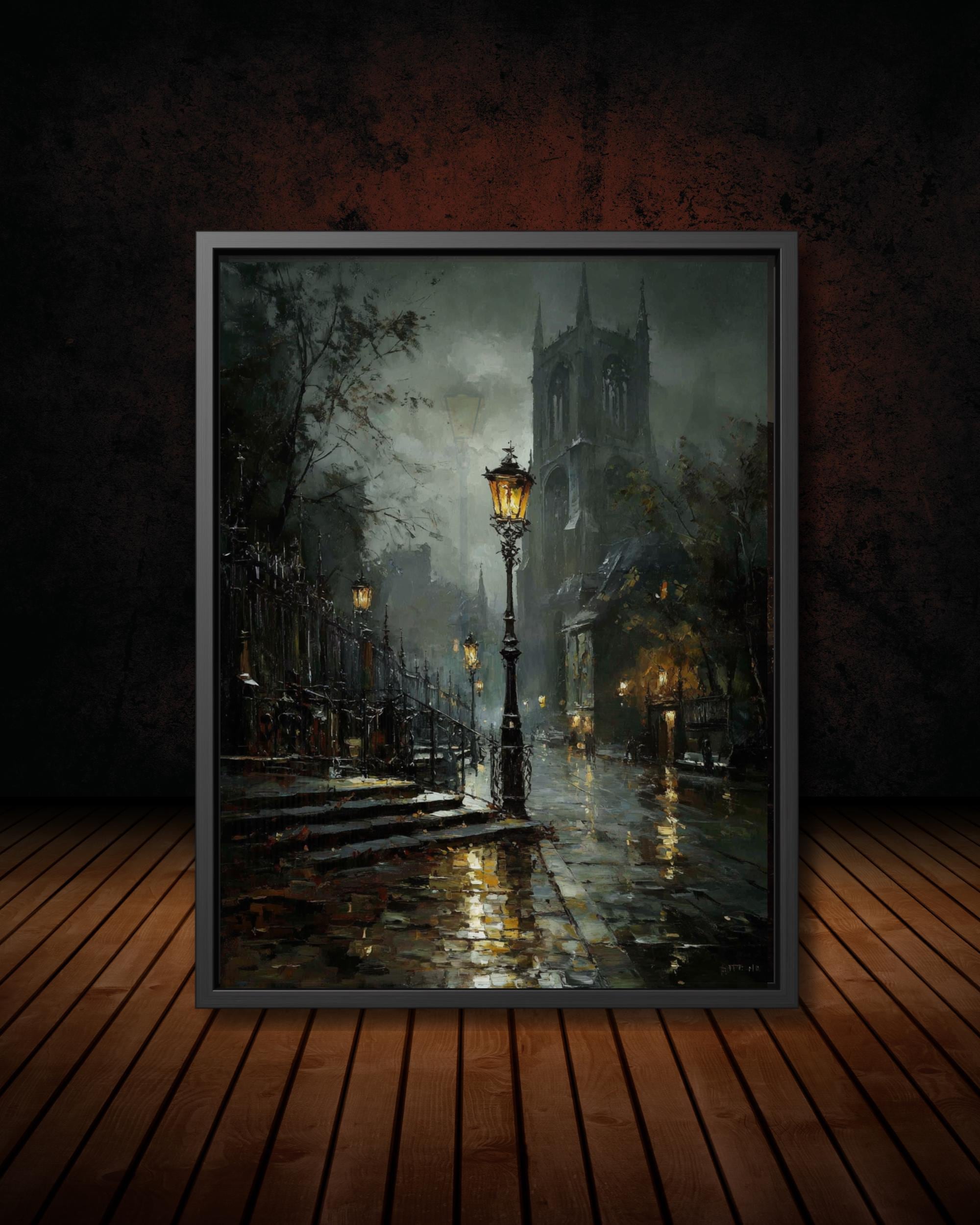 Victorian London Street Art Print, Gothic Cathedral, Rainy Cobblestone Decor