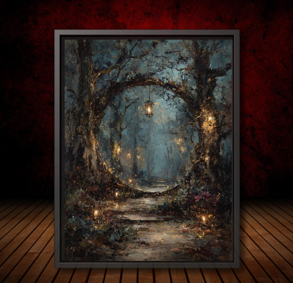 Winter Forest Circular Portal Through Trees, Wall Art Print Woodland Path with Glowing Lanterns,