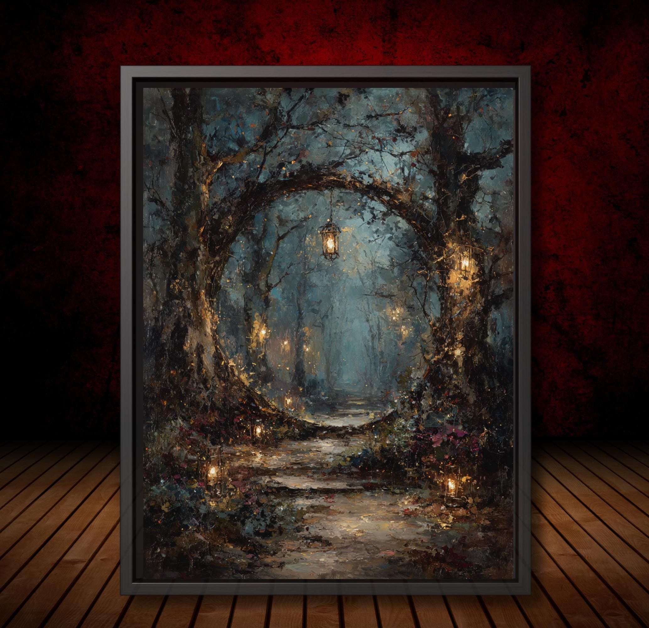 Winter Forest Circular Portal Through Trees, Wall Art Print Woodland Path with Glowing Lanterns,