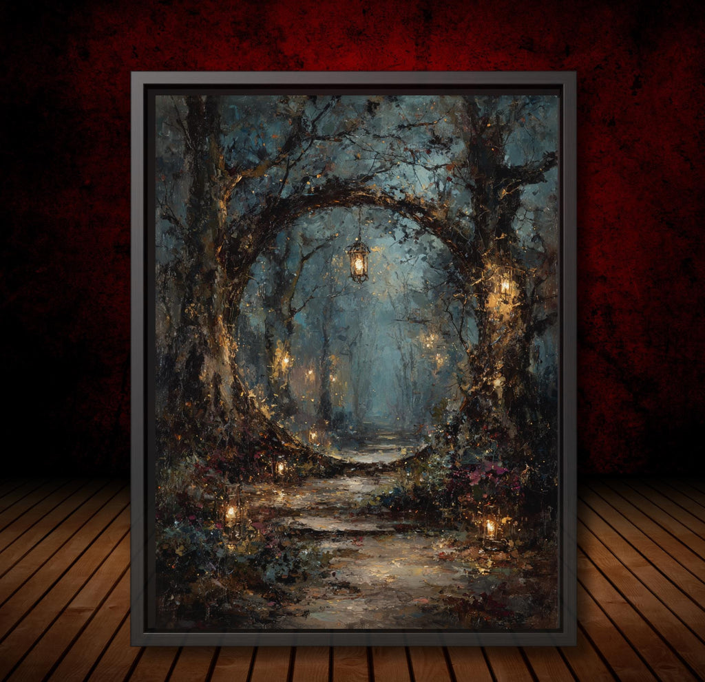 Winter Forest Circular Portal Through Trees, Wall Art Print Woodland Path with Glowing Lanterns,