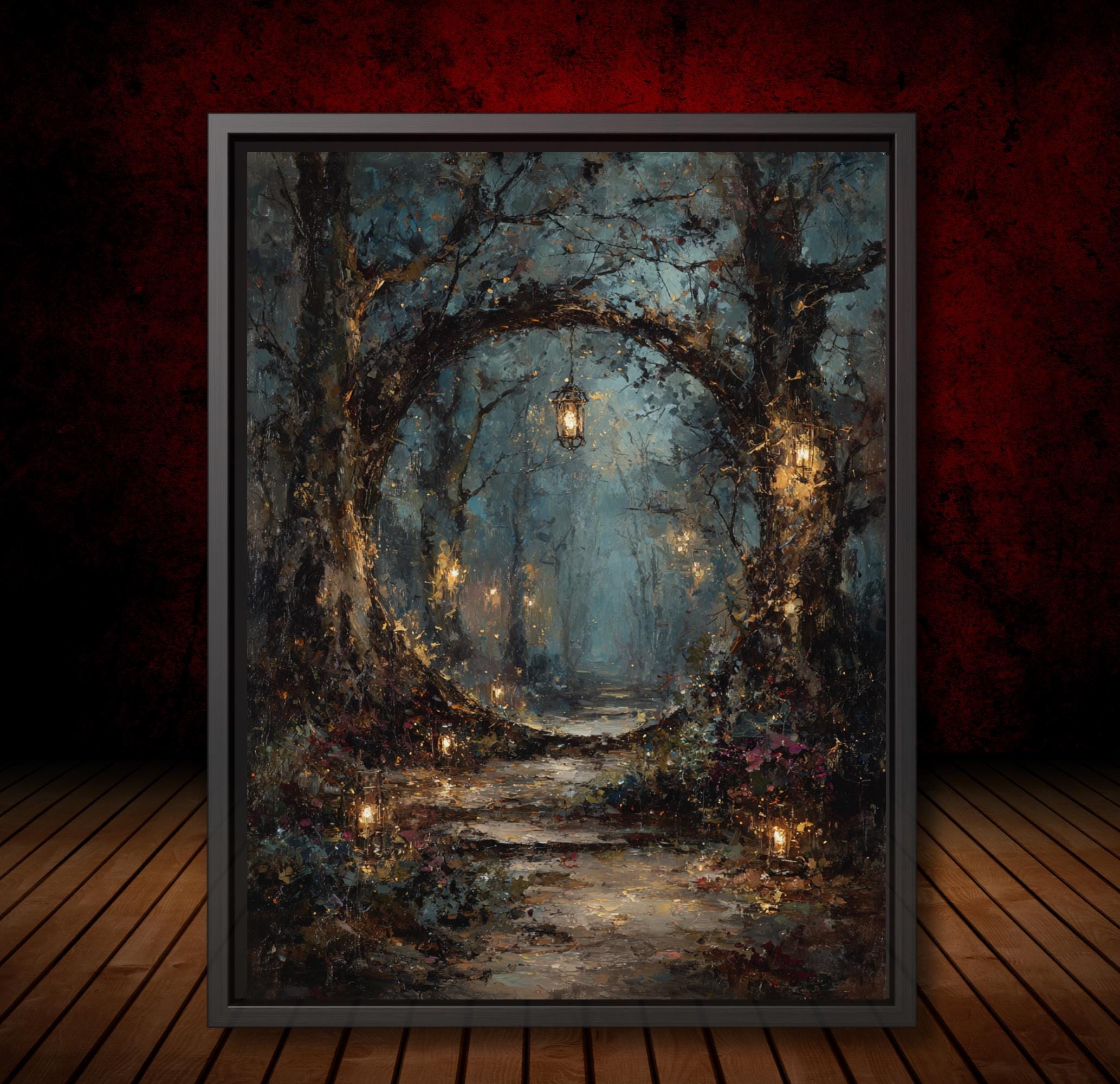 Winter Forest Circular Portal Through Trees, Wall Art Print Woodland Path with Glowing Lanterns,