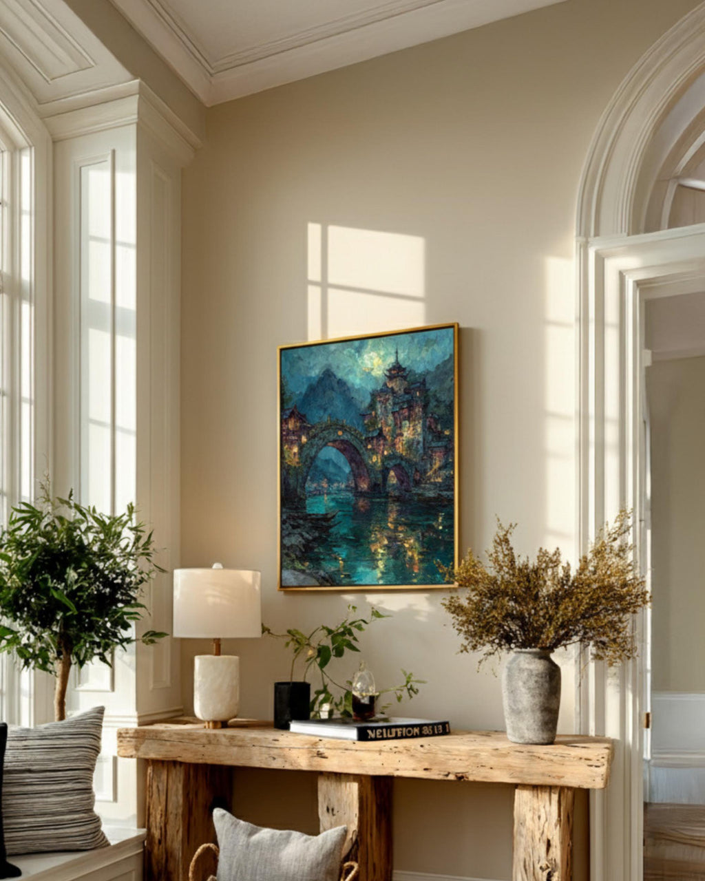 City of Starlight Fantasy Wall Art Print, River Bridge, Moonlit Night Cityscape Painting
