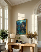 City of Starlight Fantasy Wall Art Print, River Bridge, Moonlit Night Cityscape Painting