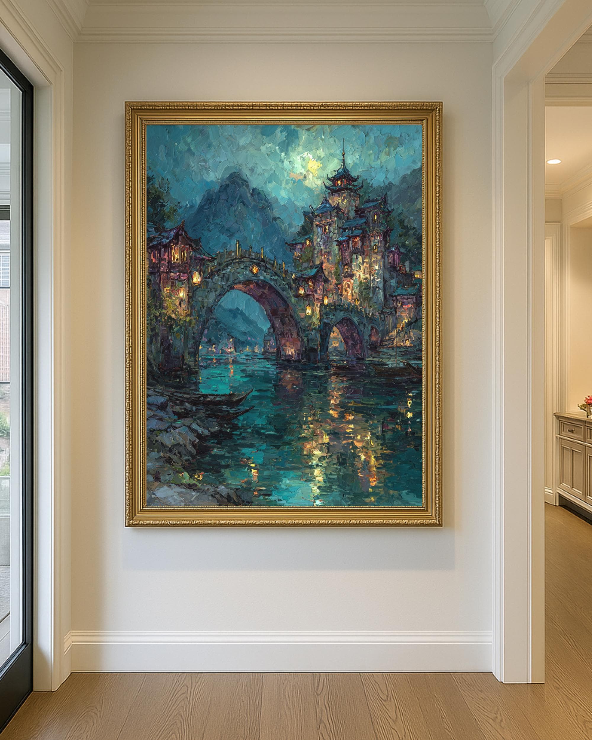City of Starlight Fantasy Wall Art Print, River Bridge, Moonlit Night Cityscape Painting