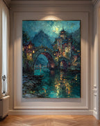 City of Starlight Fantasy Wall Art Print, River Bridge, Moonlit Night Cityscape Painting