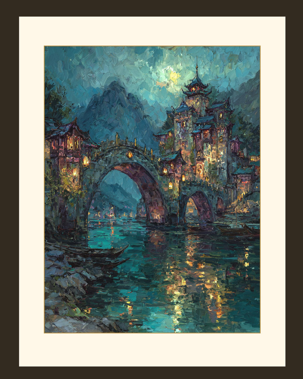 City of Starlight Fantasy Wall Art Print, River Bridge, Moonlit Night Cityscape Painting