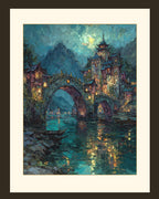 City of Starlight Fantasy Wall Art Print, River Bridge, Moonlit Night Cityscape Painting