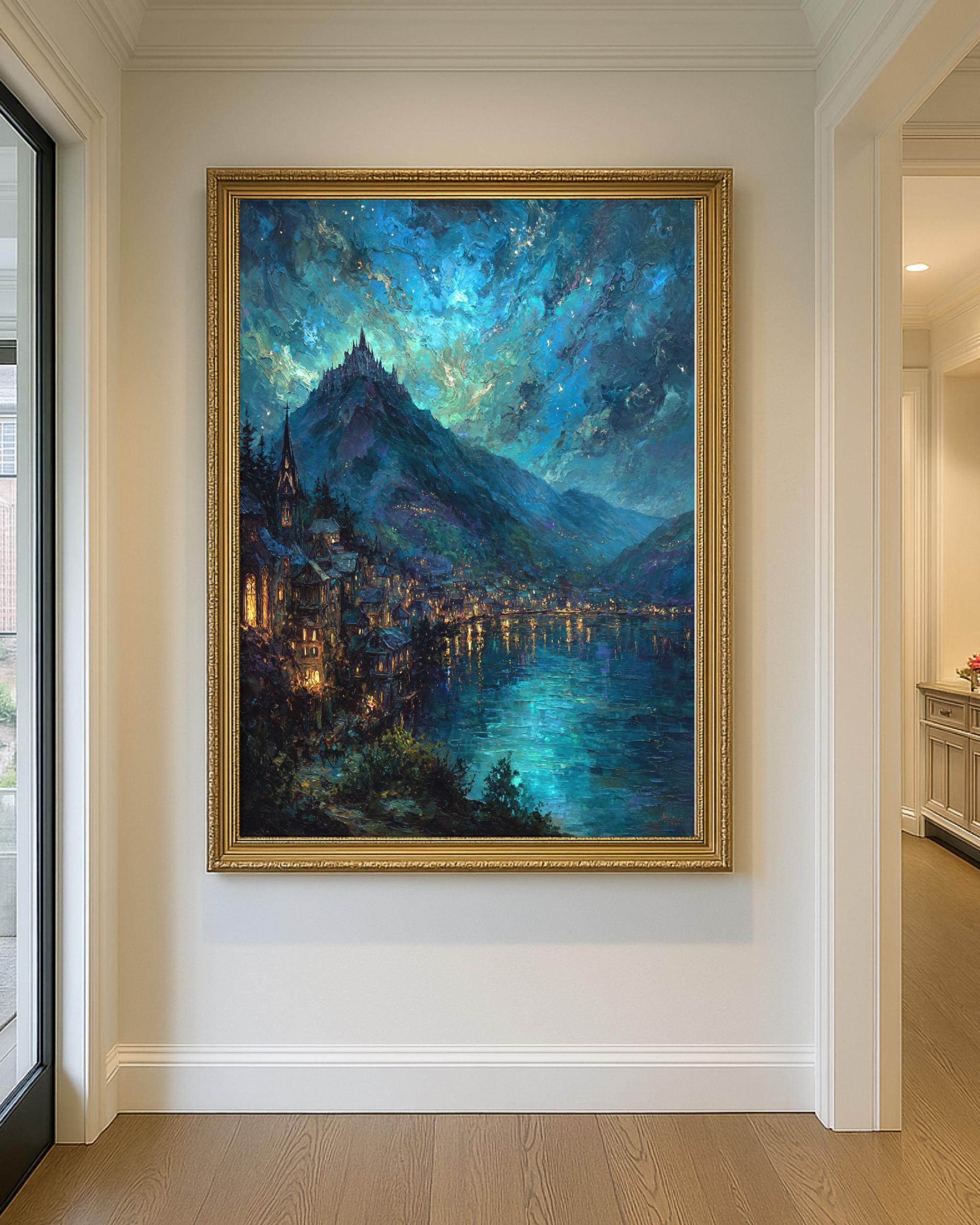 Moonlit Starlit Mountain City Wall Art Print, Teal Night Lake Fantasy Romantasy Decor Secondary image