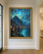 Moonlit Starlit Mountain City Wall Art Print, Teal Night Lake Fantasy Romantasy Decor