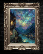 River and Mountains, City of Starlight Fantasy Wall Art Print, Moonlit Night Cityscape Painting