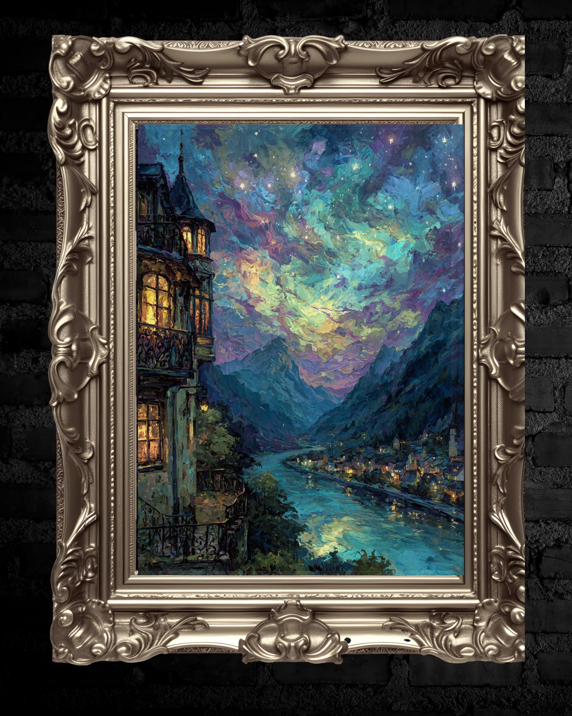 River and Mountains, City of Starlight Fantasy Wall Art Print, Moonlit Night Cityscape Painting