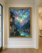 River and Mountains, City of Starlight Fantasy Wall Art Print, Moonlit Night Cityscape Painting