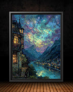River and Mountains, City of Starlight Fantasy Wall Art Print, Moonlit Night Cityscape Painting