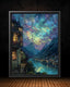 River and Mountains, City of Starlight Fantasy Wall Art Print, Moonlit Night Cityscape Painting