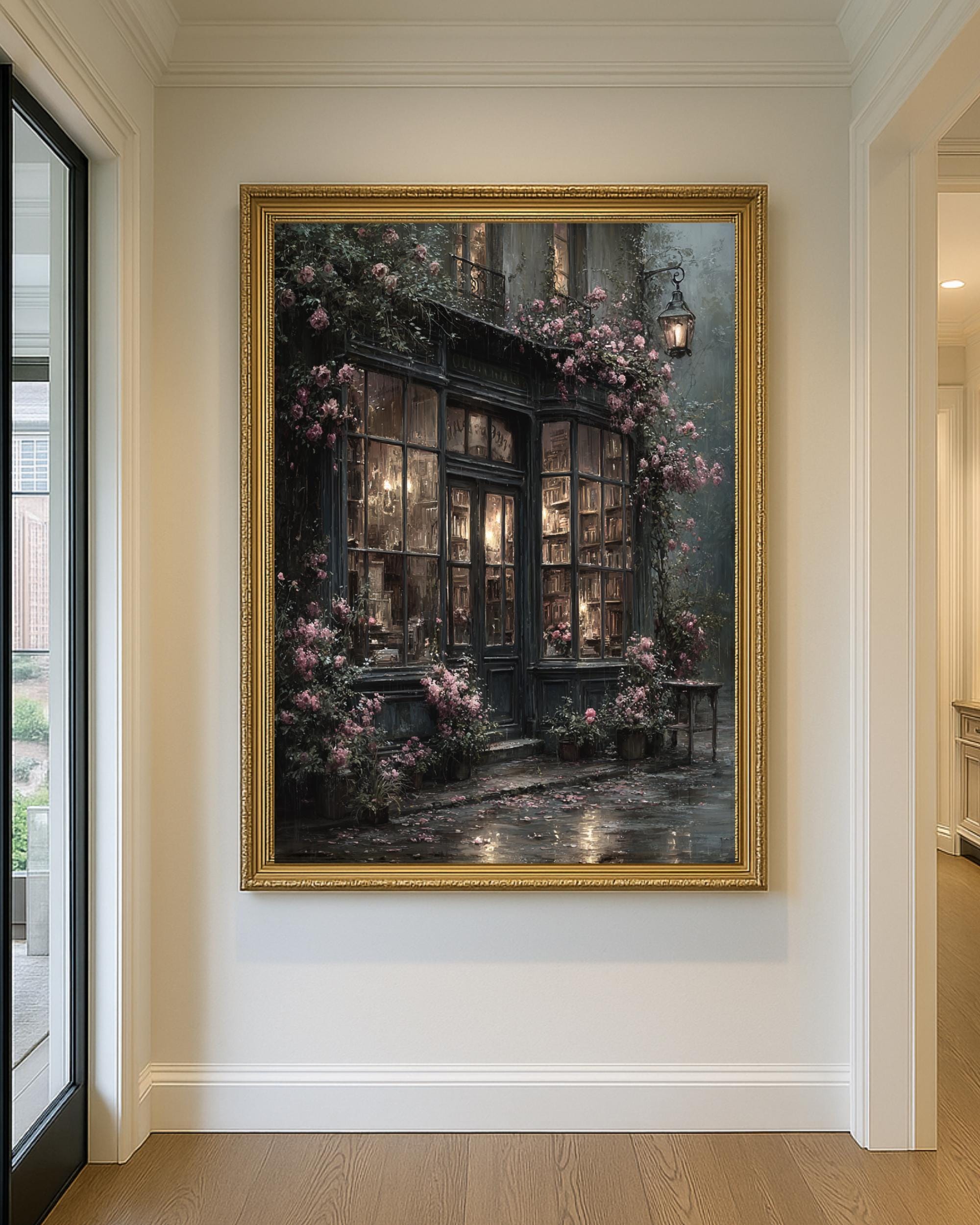 Dark Bookshop Art Print, Romantic Vintage Library Wall Art with Pink Climbing Roses