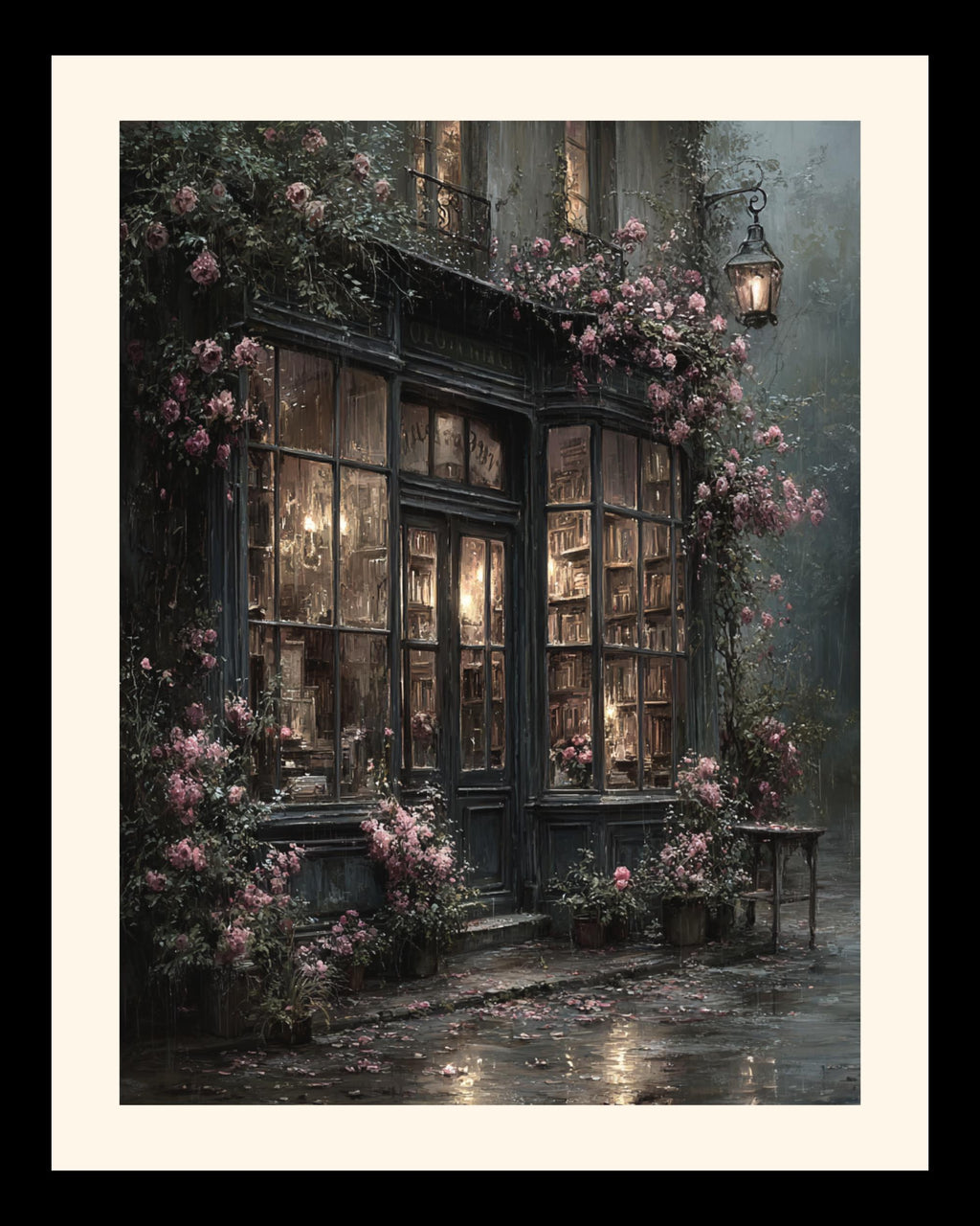 Dark Bookshop Art Print, Romantic Vintage Library Wall Art with Pink Climbing Roses