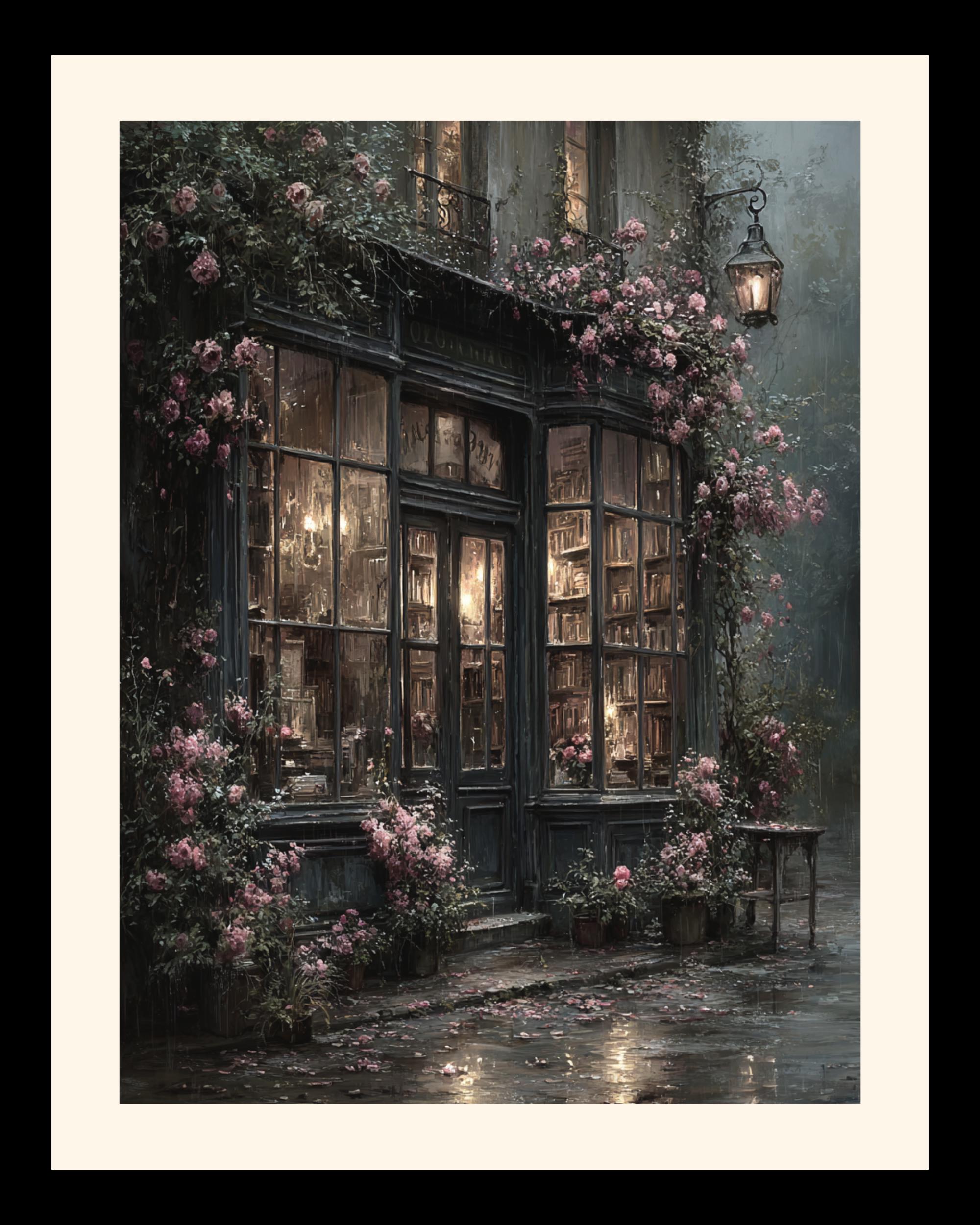 Dark Bookshop Art Print, Romantic Vintage Library Wall Art with Pink Climbing Roses